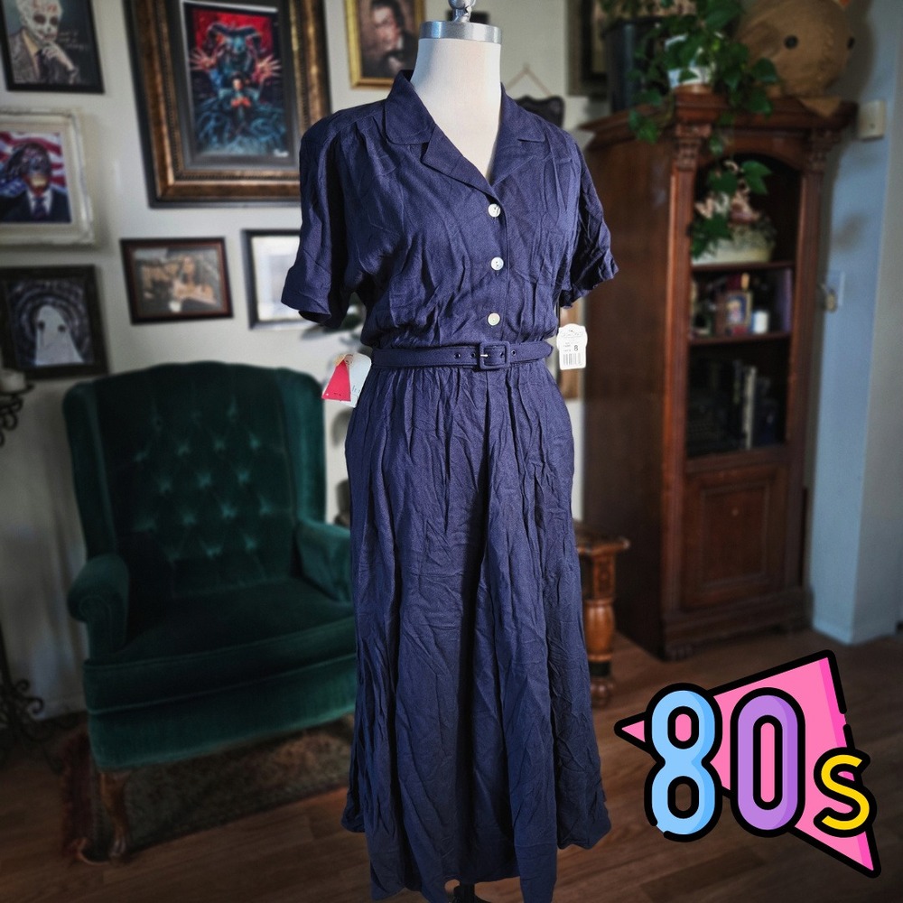 Carol Anderson Dress Vintage 80s Navy Crepe Midi Belted Shirt Dress NWT 8P USA